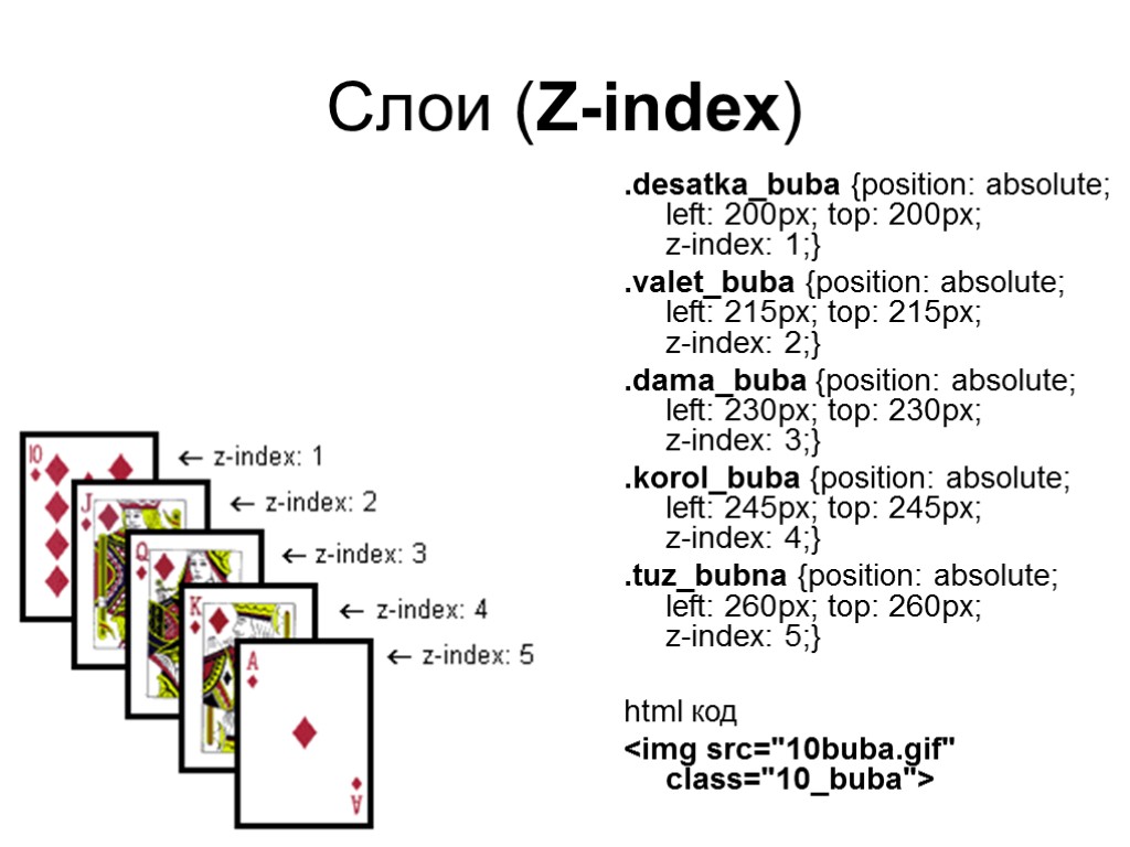 Слои (Z-index) .desatka_buba {position: absolute; left: 200px; top: 200px; z-index: 1;} .valet_buba {position: absolute;